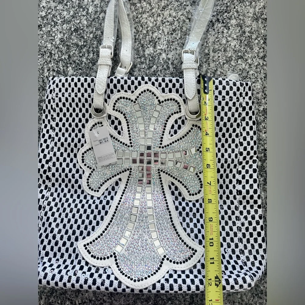 NWT White Woven Tote Bag with Decorative Cross Accent